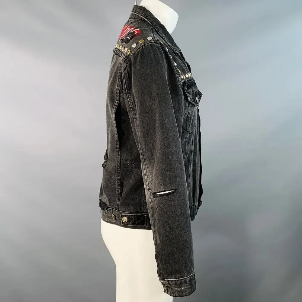 GUCCI Size M Hollywood Grey Painted Cotton Distressed Studded Denim Jacket